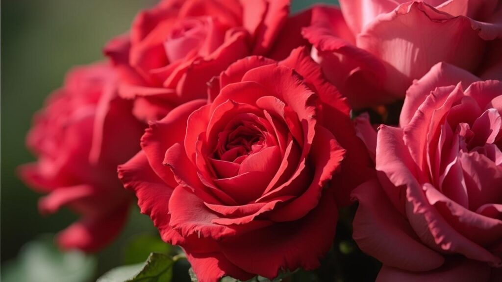 Gros plan sur un bouquet de roses rouges épanouies et luxuriantes