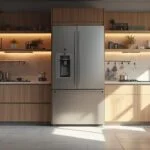 Intérieur d'une cuisine contemporaine avec appareils électroménagers et mobilier en bois.